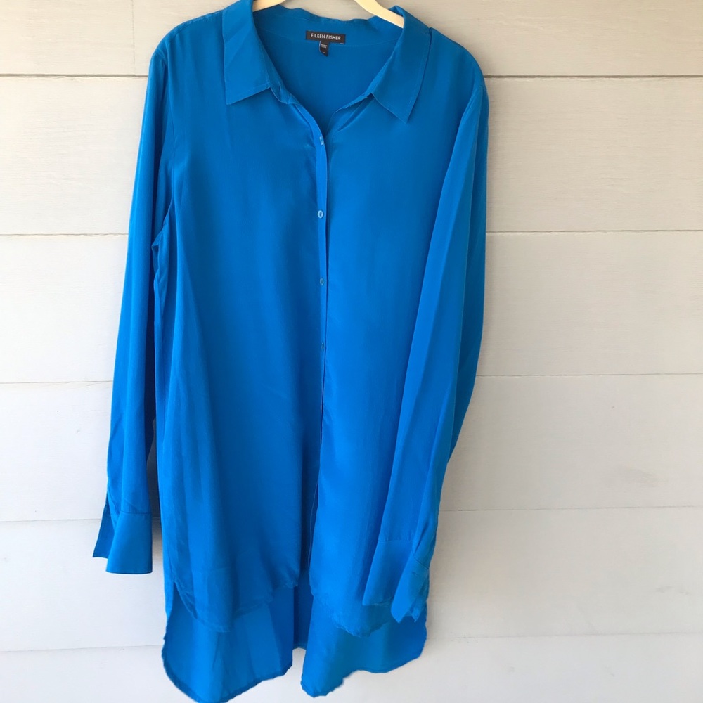 Vintage Eileen Fisher Blue Silk Button Down Tunic